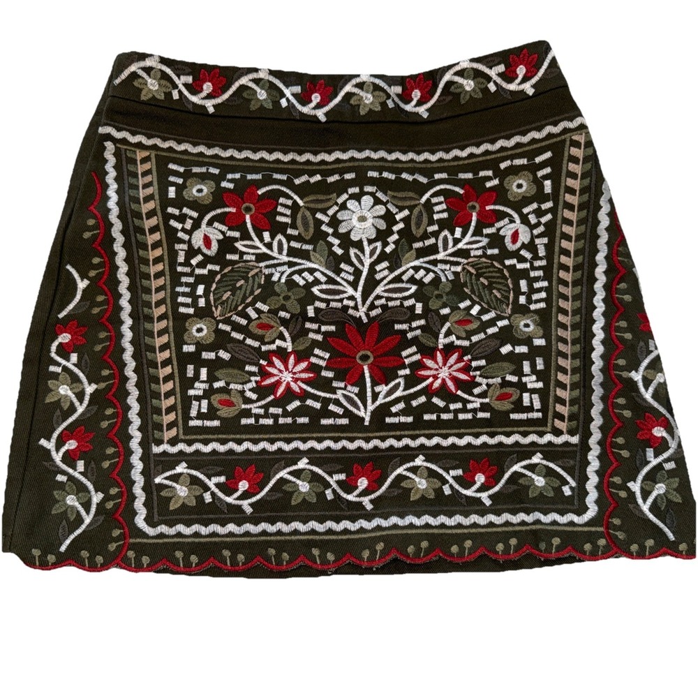 Blue Rain Womens M Olive Green Embroidered Mini Skirt Boho Floral Folk Women's